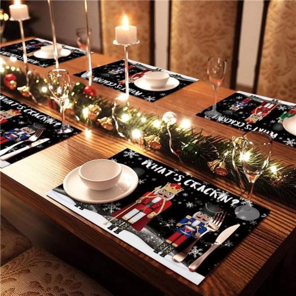 Nutcracker Placemats Christmas Decor Xmas Holiday Black Table Decorations Set 4 - Picture 4 of 6